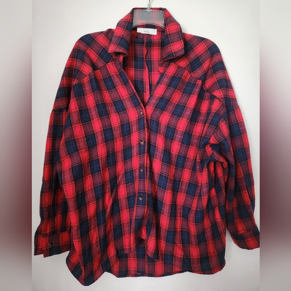Talulah Red Plaid Button Down Loose Peasant Tunic Blouse LS Size Small